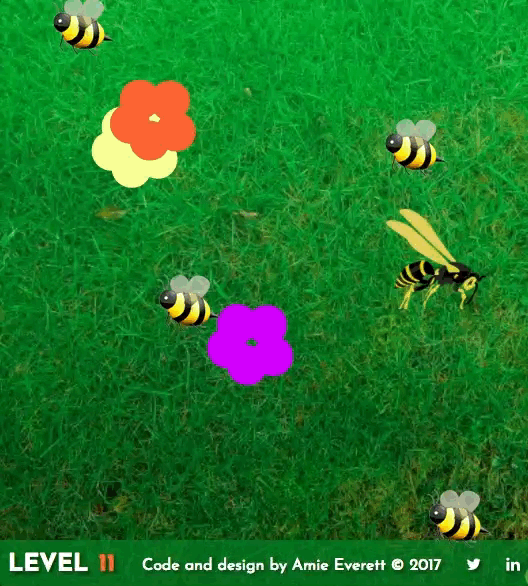 Screenshot of bee game with friendly bee, flowers, and wasps as bad guys