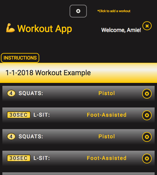 Screenshot of workout app with a list of workouts by date